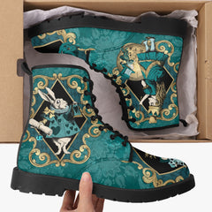 Alice In Wonderland Green and Gold Lace Up Combat Boots (JPREGAG1)