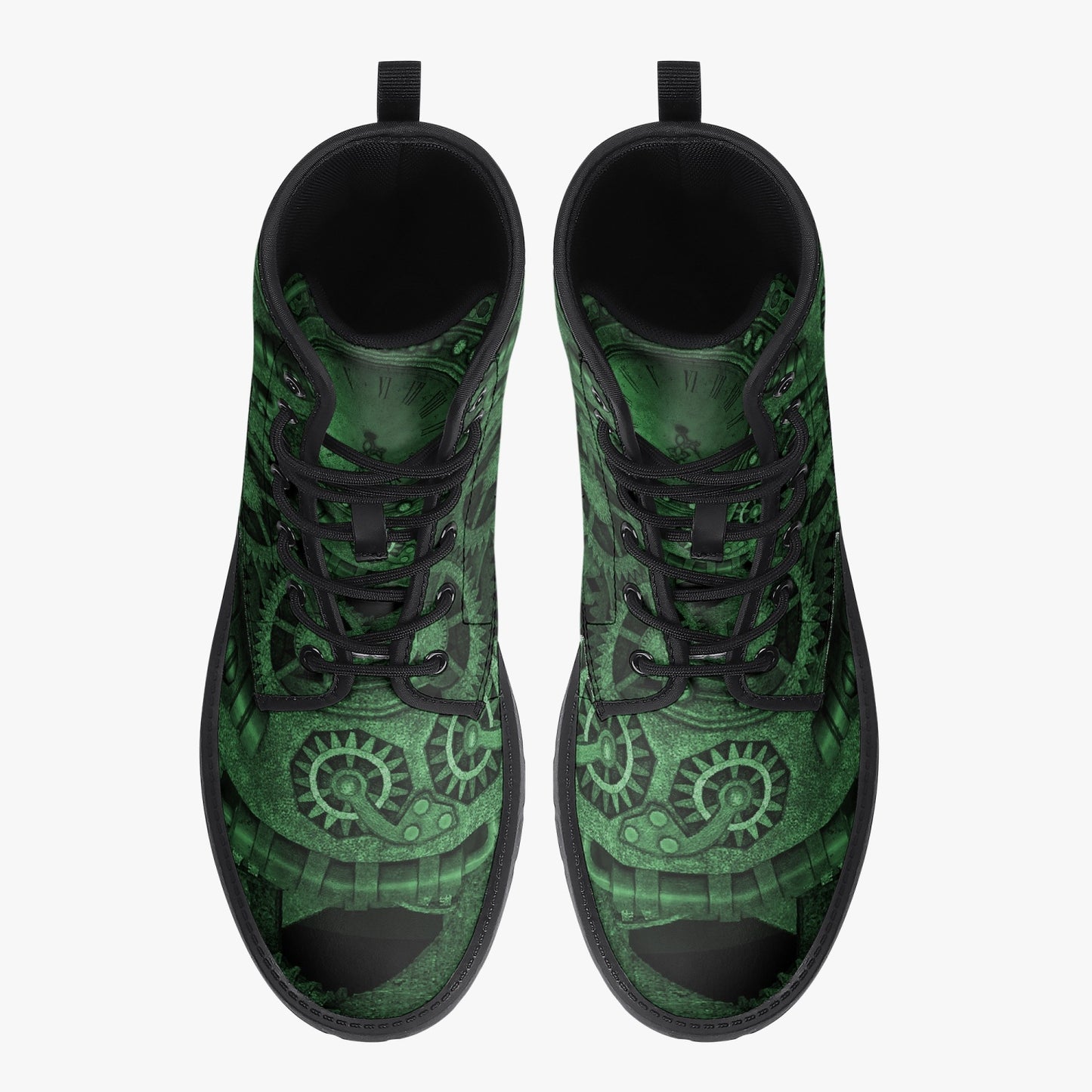 Steampunk Clockwork Gears Green Combat Boots - Vegan Leather Gothic Steampunk Boots - Dark Green Steampunk Boots (JPREG86)