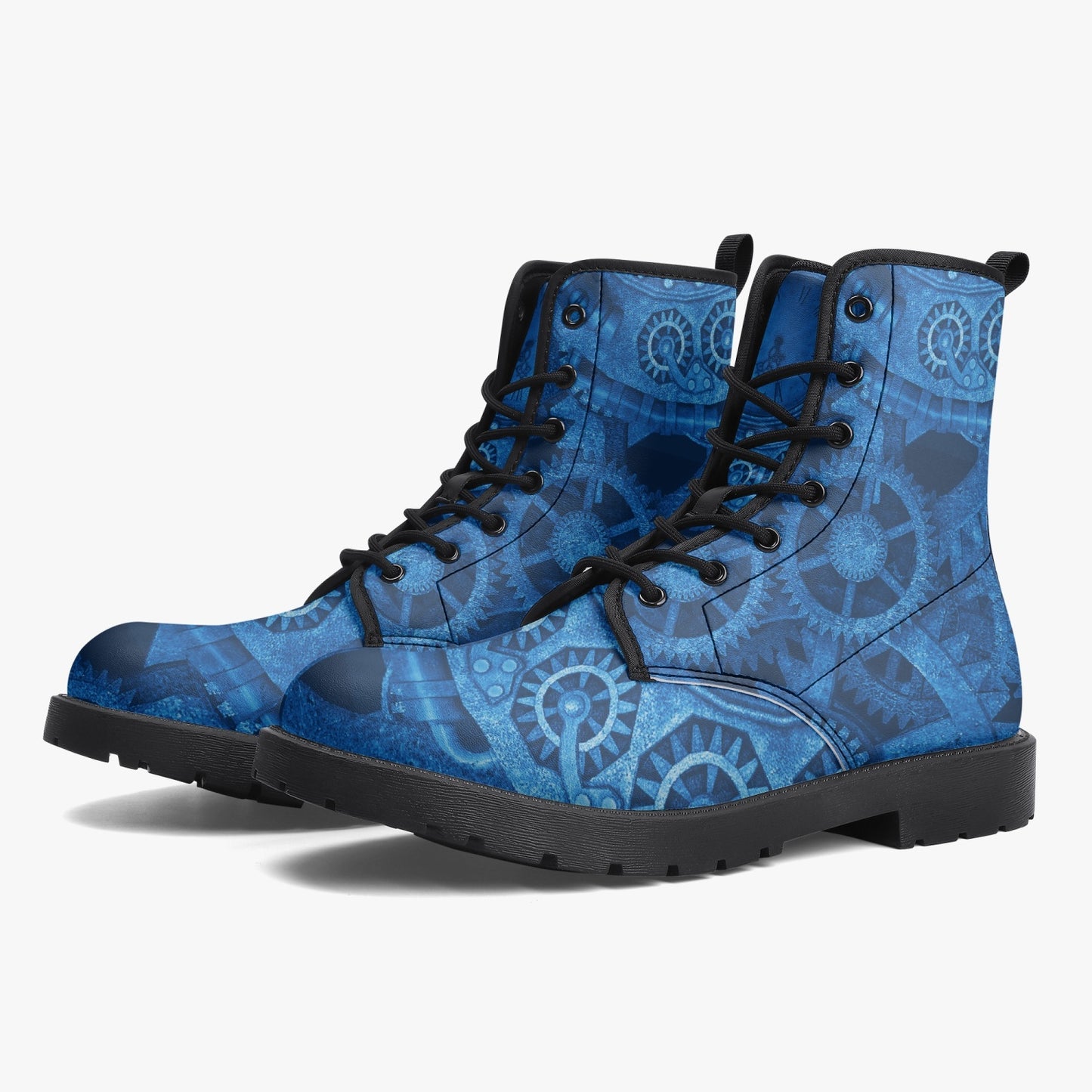 Steampunk Clockwork Gears Bright Blue Combat Boots - Electric Blue Steampunk Boots (JPREGDAVEB)