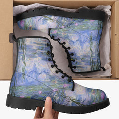 Monet Lilies lace up Combat Boots - Beautiful Blue Toned Monet Festival Art Boots (JPEL22)