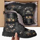 Steampunk Cat Black Combat Boots - Steamcat with Top Hat and Goggles (JPREGBC)