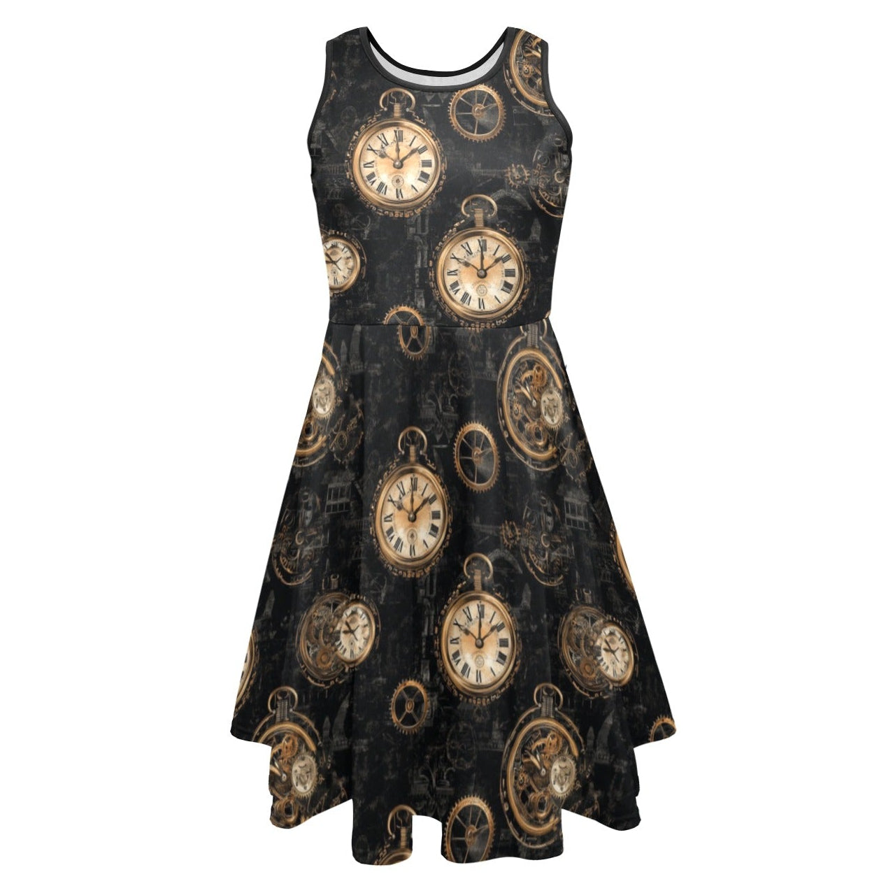 steampunk Black dress with clock pattern on a white background