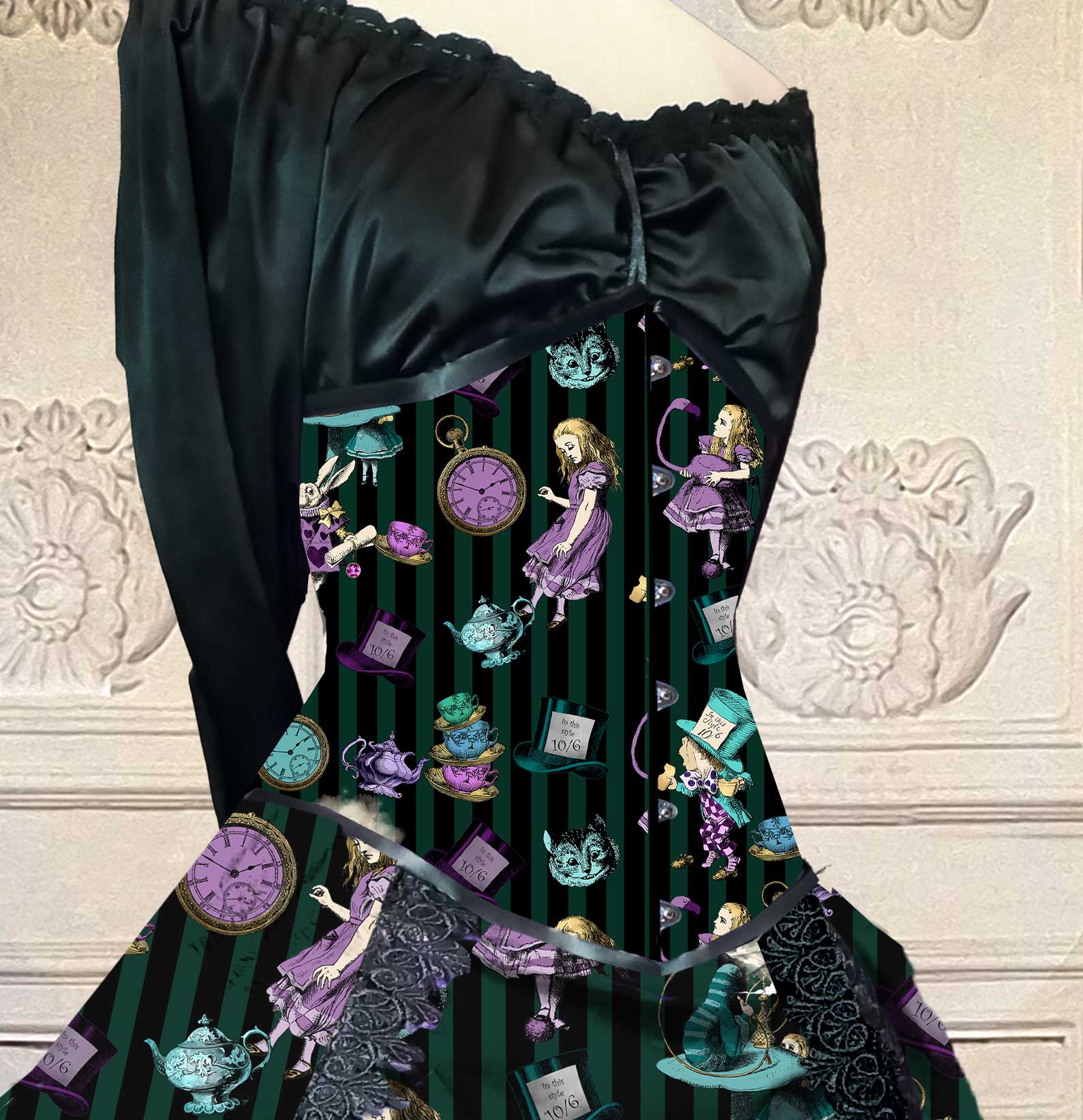 Green Alice in Wonderland Victorian Corset Gown