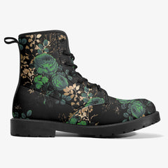Emerald Green Gothic Roses Lace Up Combat Boots