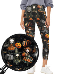 Halloween Dolls Spooky Leggings - Women's High Waisted Yoga Leggings with Pockets