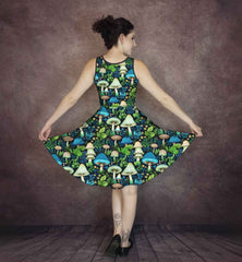 Mushroomcore Blue and Green Dress - Plus Size Toadstool Dress (AMUSHGB)