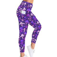 Mushroomcore Purple and Pink Leggings - Women's High Waisted Yoga Leggings with Pockets