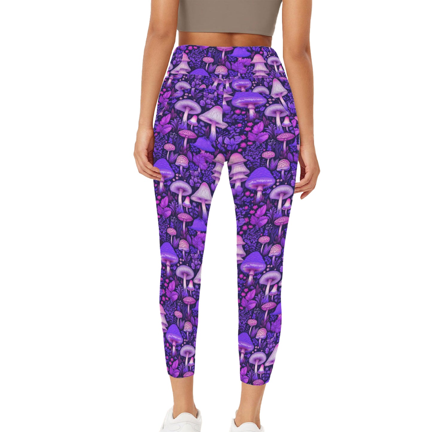 Mushroomcore Purple and Pink Leggings - Women's High Waisted Yoga Leggings with Pockets