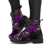 Purple Roses Floral Black Lace Up Combat Boots - Gothic Floral Boots (JPREGPR1)