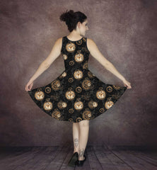 Steampunk Clockwork Gears Dress - Black with Gold Bronze Print - Large Size Range - Plus Size Friendly