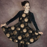 Steampunk Clockwork Gears Dress - Black with Gold Bronze Print - Large Size Range - Plus Size Friendly