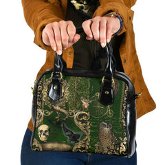 Steampunk Patchwork Dark Academia Green Synthetic Vegan Leather HandBag - Gothic Steampunk Shoulder purse (HBAB4)