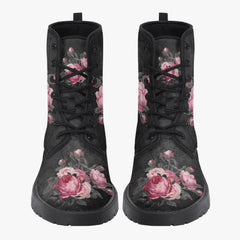 Gothic Pink and Grey Floral Lace Up Combat Boots - Dark Victorian Roses Boots  (JPREG74)
