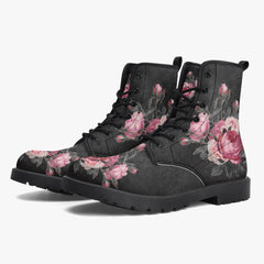 Gothic Pink and Grey Floral Lace Up Combat Boots - Dark Victorian Roses Boots  (JPREG74)