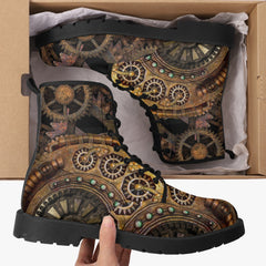 Steampunk Clockwork Bronze Combat Boots - Lace Up Gothic Steampunk Boots (JPREGSTB)
