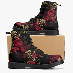 Red Roses Floral Black Lace Up Combat Boots - Gothic Floral Boots (JPREG28)