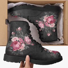 Gothic Pink and Grey Floral Lace Up Combat Boots - Dark Victorian Roses Boots  (JPREG74)