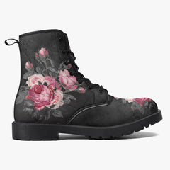 Gothic Pink and Grey Floral Lace Up Combat Boots - Dark Victorian Roses Boots  (JPREG74)