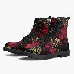 Red Roses Floral Black Lace Up Combat Boots - Gothic Floral Boots (JPREG28)