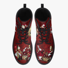 Alice in Wonderland Gothic Red and Gold Combat Boots - Through the Looking Glass Goth Boots, Red Gothic Grunge Version (JPREG96)