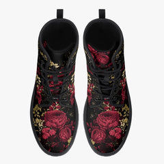 Red Roses Floral Black Lace Up Combat Boots - Gothic Floral Boots (JPREG28)