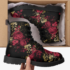 Red Roses Floral Black Lace Up Combat Boots - Gothic Floral Boots (JPREG28)
