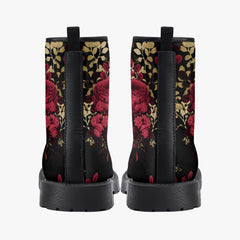 Red Roses Floral Black Lace Up Combat Boots - Gothic Floral Boots (JPREG28)