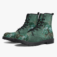 Gothic Green Roses Floral Lace Up Combat Boots - Dark Victorian Lace up Boots (JPREG72)