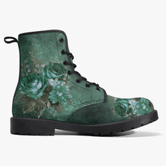 Gothic Green Roses Floral Lace Up Combat Boots - Dark Victorian Lace up Boots (JPREG72)