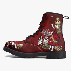 Alice in Wonderland Gothic Red and Gold Combat Boots - Through the Looking Glass Goth Boots, Red Gothic Grunge Version (JPREG96)