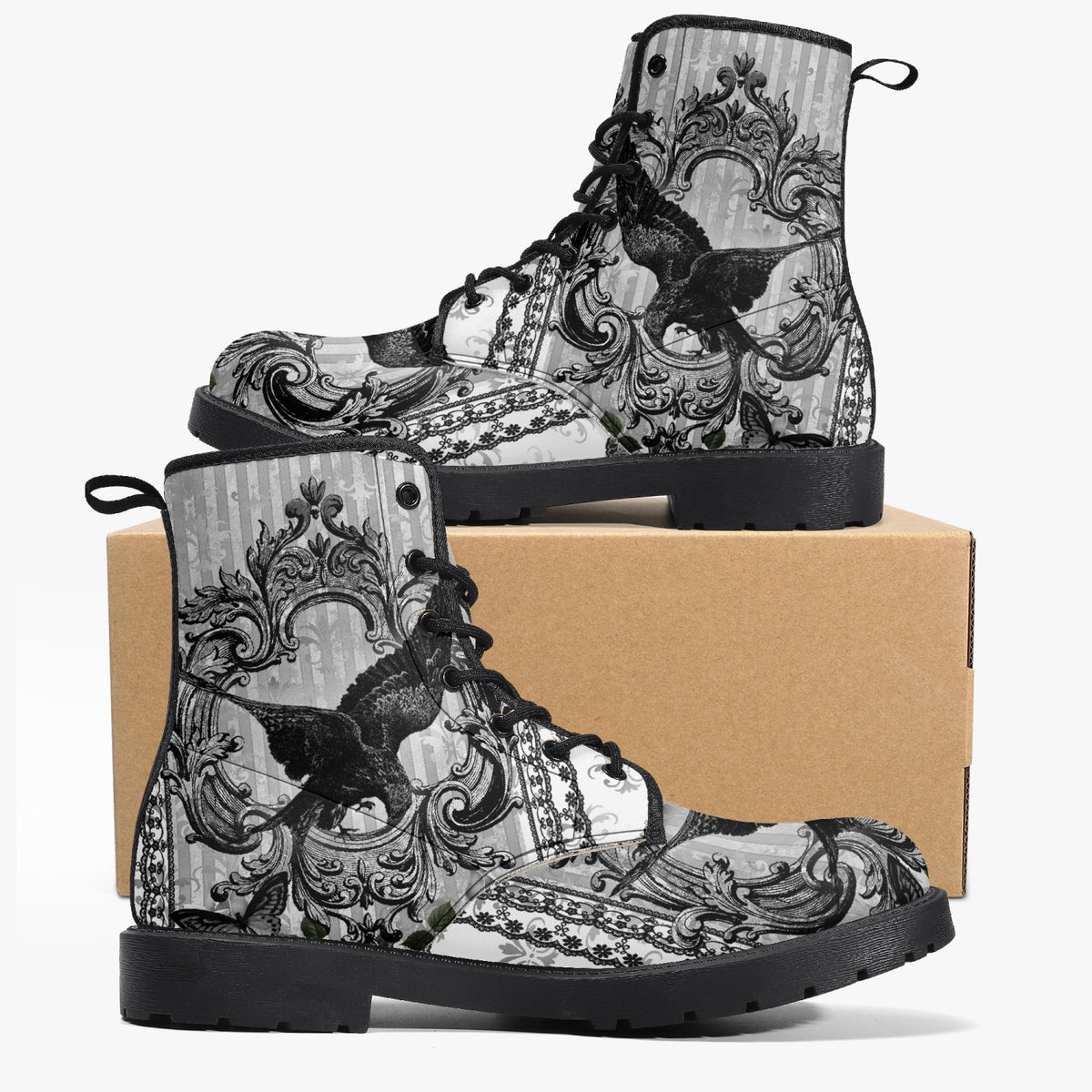 Gothic Raven Black and white Lace Up Combat Boots - Raven boots  (JPREG61)