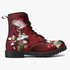 Alice in Wonderland Gothic Red and Gold Combat Boots - Through the Looking Glass Goth Boots, Red Gothic Grunge Version (JPREG96)
