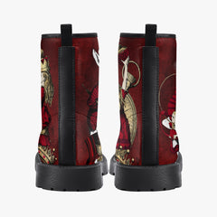Alice in Wonderland Gothic Red and Gold Combat Boots - Through the Looking Glass Goth Boots, Red Gothic Grunge Version (JPREG96)