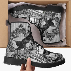 Gothic Raven Black and white Lace Up Combat Boots - Raven boots  (JPREG61)