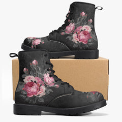 Gothic Pink and Grey Floral Lace Up Combat Boots - Dark Victorian Roses Boots  (JPREG74)