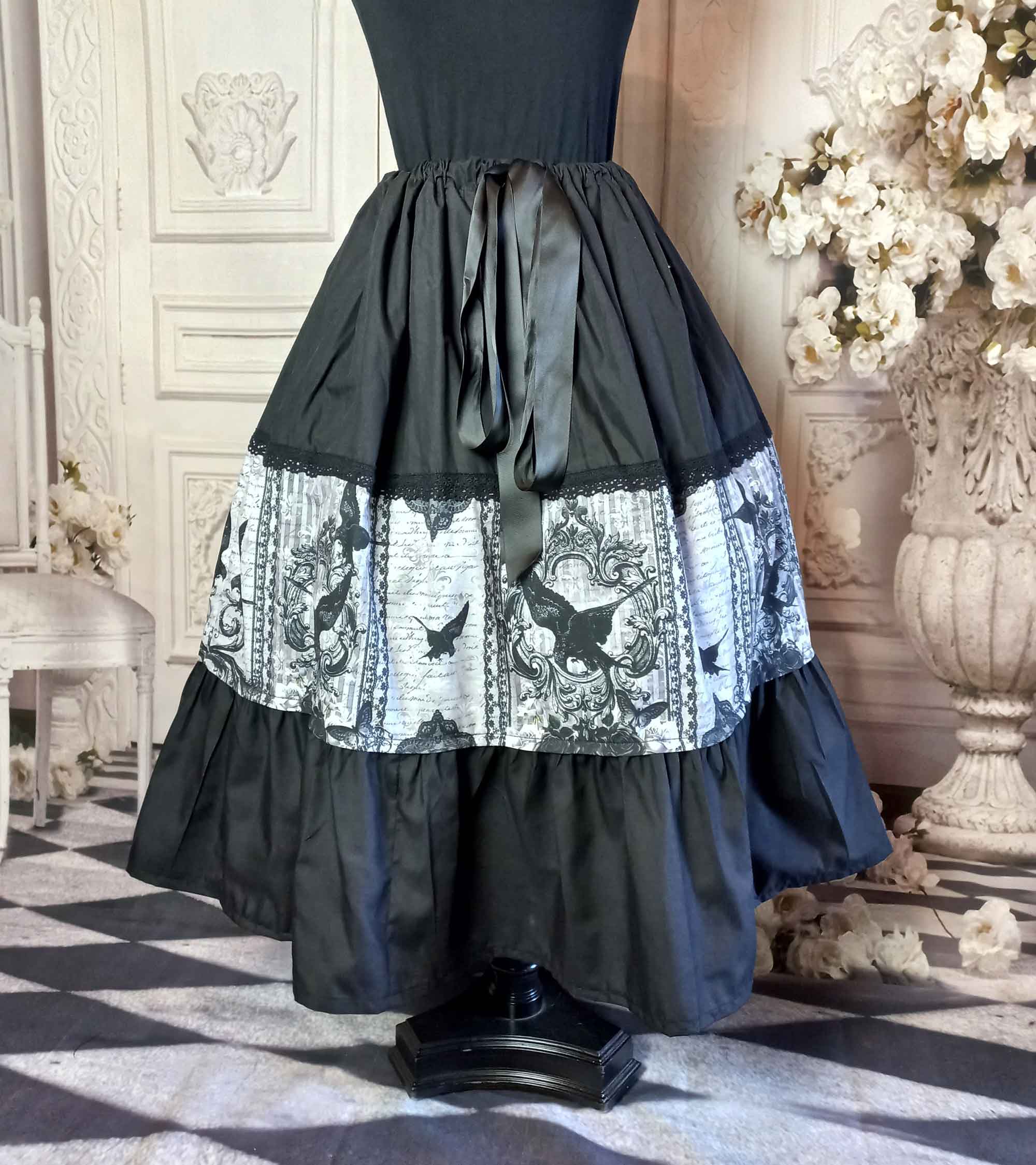 Gothic Raven Full Mid calf length skirt in black and grey. Adjustable waist up to 50 inches, suitable for plus sizes. Party Skirt, Full 50's style skirt