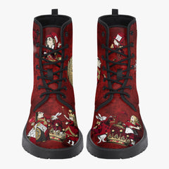 Alice in Wonderland Gothic Red and Gold Combat Boots - Through the Looking Glass Goth Boots, Red Gothic Grunge Version (JPREG96)