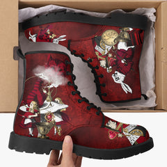 Alice in Wonderland Gothic Red and Gold Combat Boots - Through the Looking Glass Goth Boots, Red Gothic Grunge Version (JPREG96)