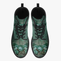 Gothic Green Roses Floral Lace Up Combat Boots - Dark Victorian Lace up Boots (JPREG72)