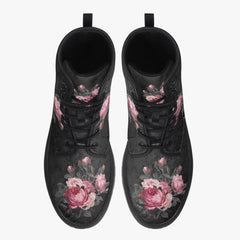 Gothic Pink and Grey Floral Lace Up Combat Boots - Dark Victorian Roses Boots  (JPREG74)