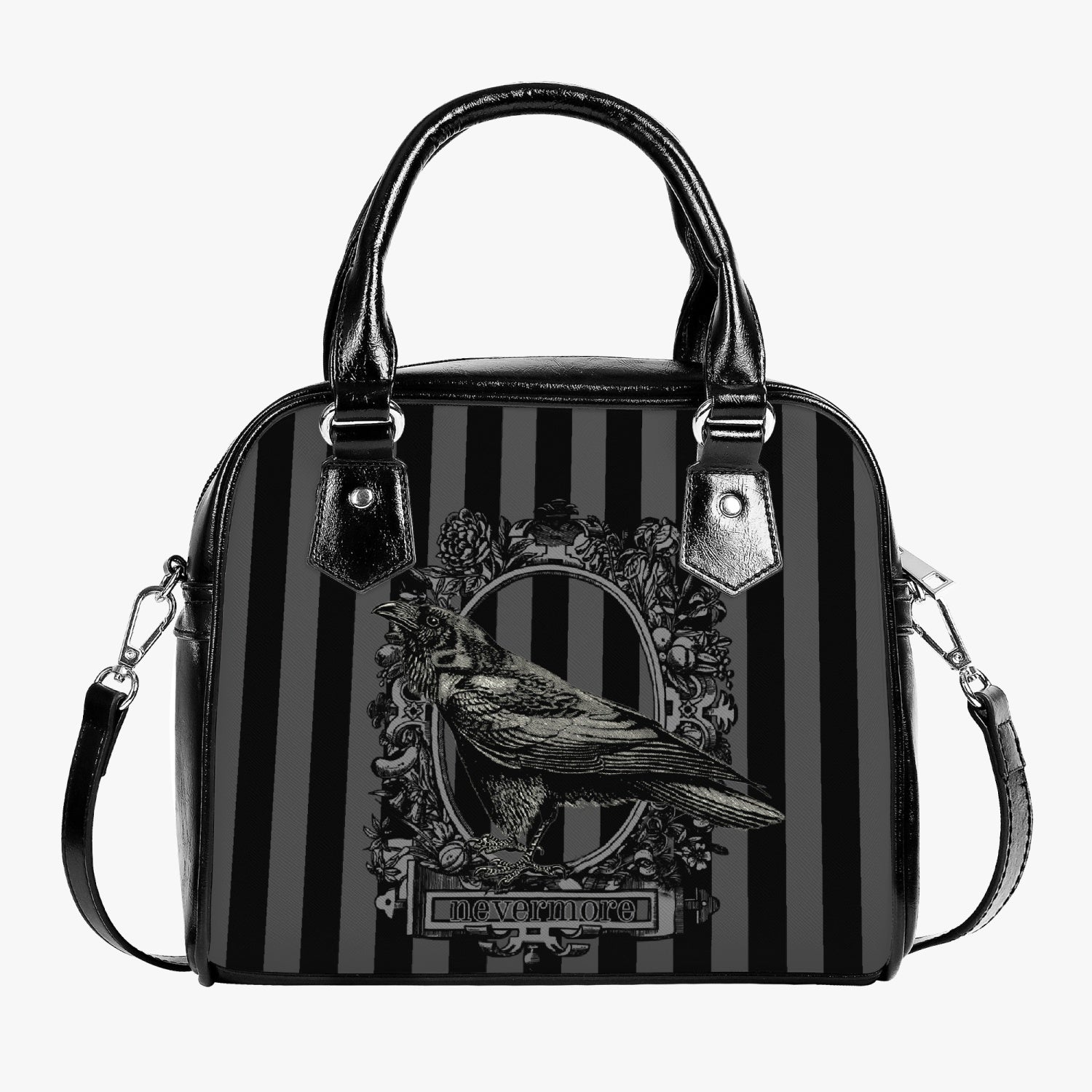 gothic handbag featuring grey and black stripes with a picture of a raven and the words nevermore underneath. The overall look of the bag is gothic and the bag has black handles and a shoulder strap