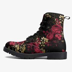 Red Roses Floral Black Lace Up Combat Boots - Gothic Floral Boots (JPREG28)