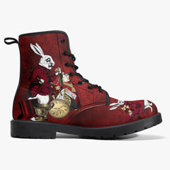 Alice in Wonderland Gothic Red and Gold Combat Boots - Through the Looking Glass Goth Boots, Red Gothic Grunge Version (JPREG96)