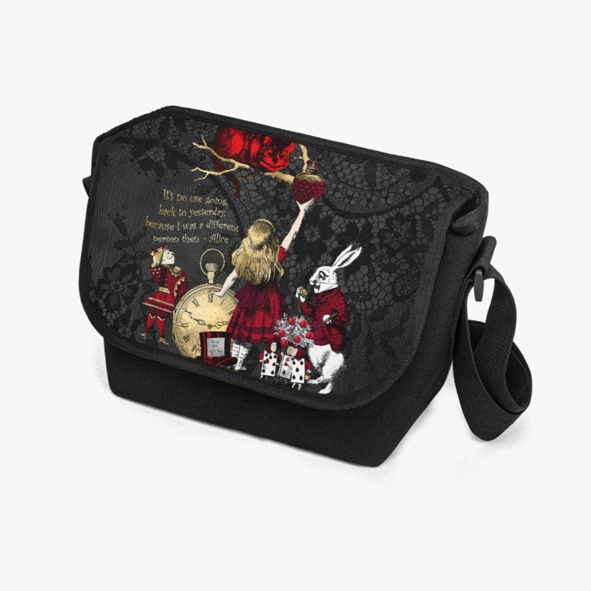 a gothic alice in wonderland messenger bag in black canvas with a wide shoulder strap. The large front flap features a custom print of Alice reaching for the Drink me bottle in vibrant red and gold on a black lace print background. The bag features the classic quote it's no use gonig back to yesterday because I was a different person then.