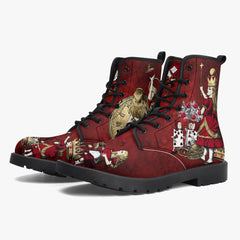 Alice in Wonderland Gothic Red and Gold Combat Boots - Through the Looking Glass Goth Boots, Red Gothic Grunge Version (JPREG96)