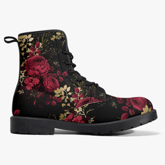 Red Roses Floral Black Lace Up Combat Boots - Gothic Floral Boots (JPREG28)