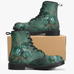Gothic Green Roses Floral Lace Up Combat Boots - Dark Victorian Lace up Boots (JPREG72)