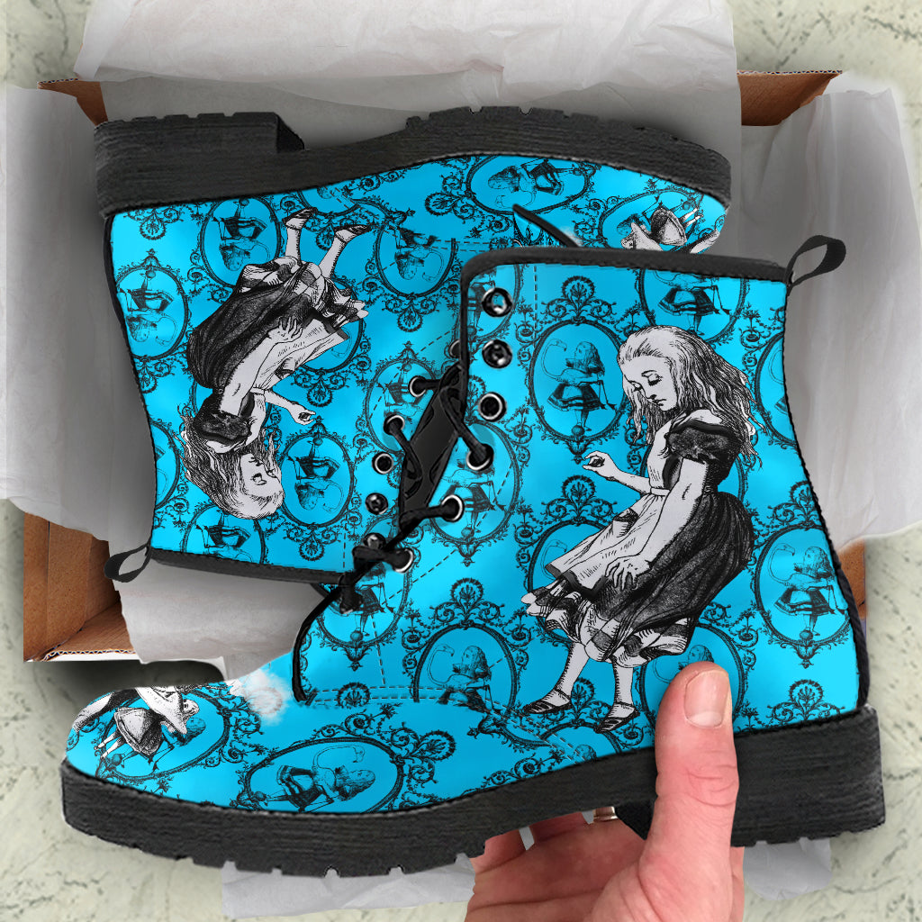 Turquoise Alice in Wonderland Vegan Leather Combat Boots - Mad Hatter Tea Party Costume (REGTA1)