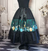 alice in wonderland, full skirt, dark bottle green and black. Tea party skirt with adjustable waist and mid calf length.
