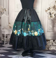 alice in wonderland, full skirt, dark bottle green and black. Tea party skirt with adjustable waist and mid calf length.